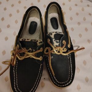 Black Leather Boat Shoes with Leopard Tongue and Gold Laces